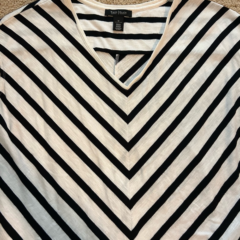 WHBM Black and White Striped V-Neck Top